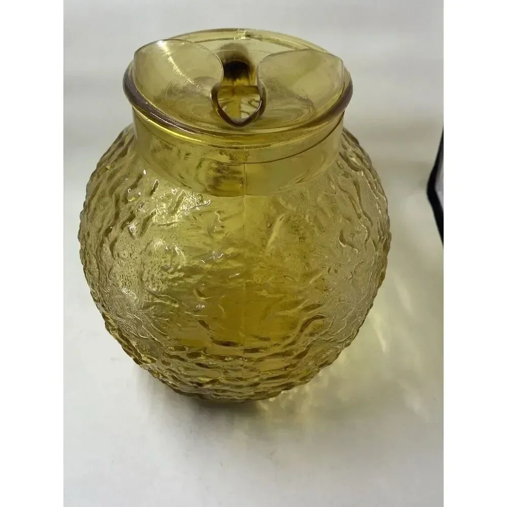 VINTAGE ANCHOR HOCKING LIDO MILANO AMBER BUBBLE CRINKLE PITCHER WITH ICE GAURD